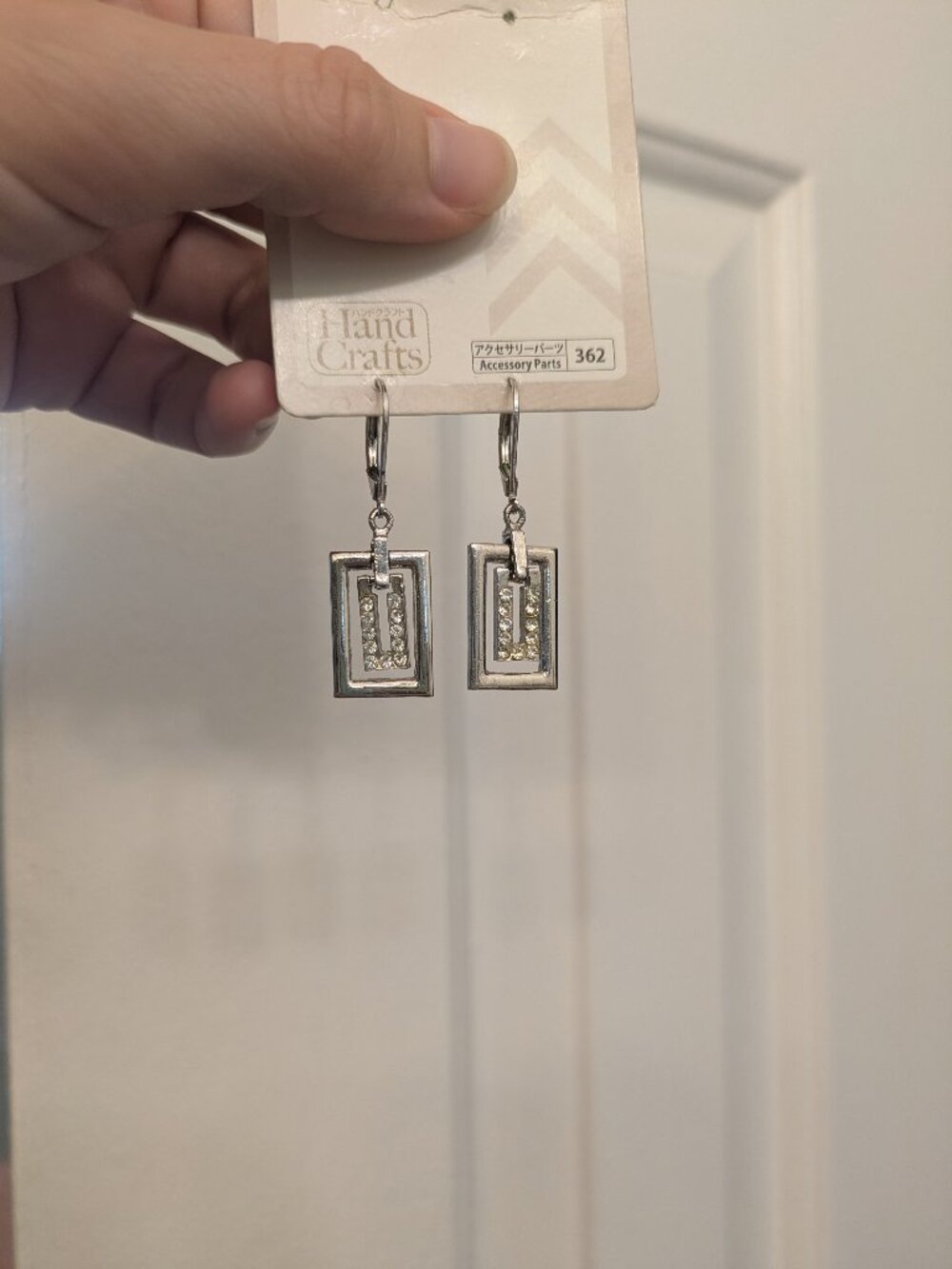 Silver Rectangle Drop Earrings with Rhinestones